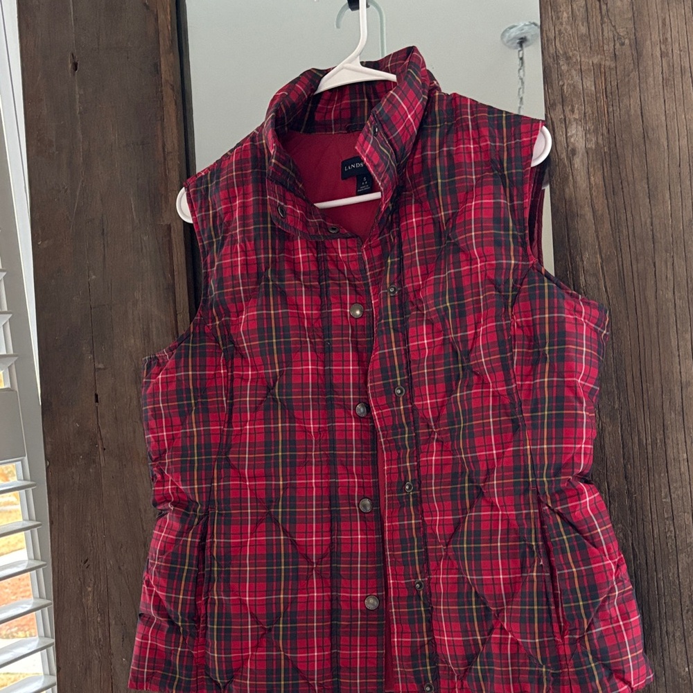 Lands' End Red Plaid Quilted Vest